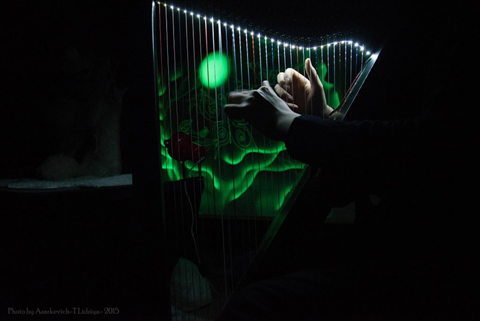 Lumiere Tales, celtic harp, music, light show, performance, neon