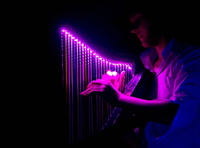 Lumiere Tales, celtic harp, music, light show, performance, neon